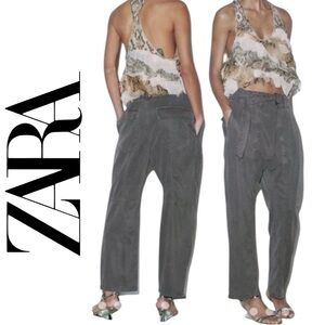 Zara Cropped Belted Trousers Lyocell/ Cotton Blend Size Small